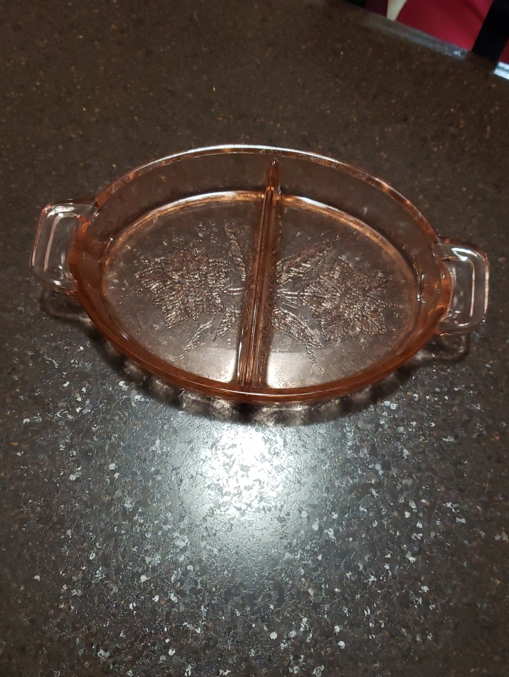 Vintage Jeanette Pink Poinsettia Divided Relish Glass Dish
